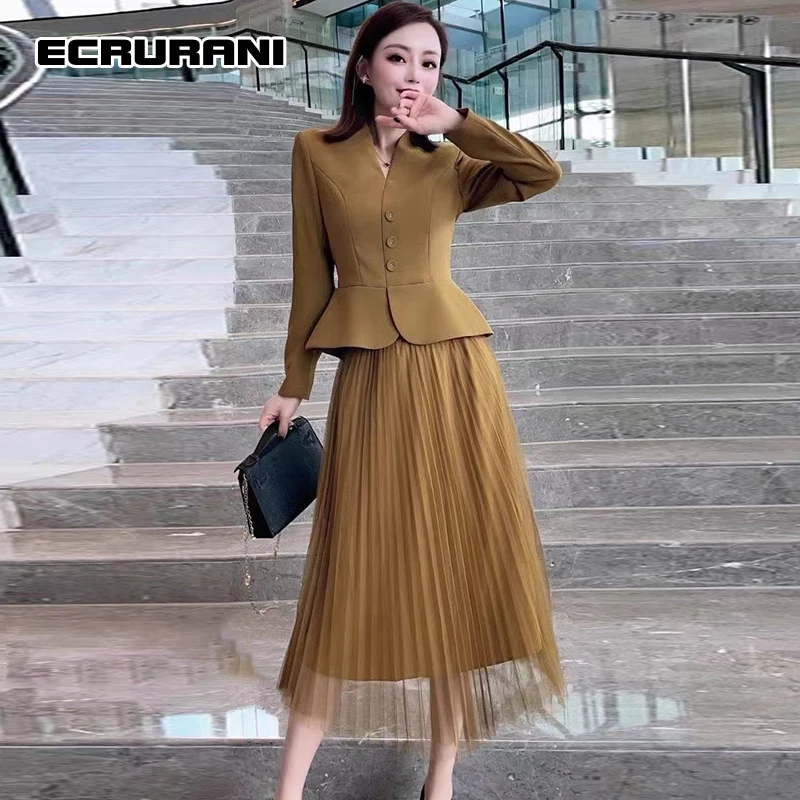

ECRURANI Green Elegant Women's Skirt Suits V Neck Long Sleeve Slimming Coats High Waist Maxi Skirts Female 2021 Fashion New Sets