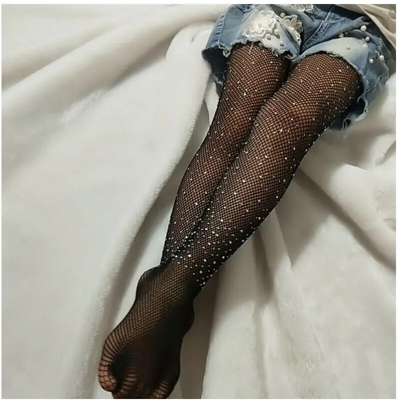 

Toddler Girls Fashion Fishnet Hollow Bling Tights Children Stretch Elastic Mesh Crystals Tights Girl Stockings Solid Pantyhose