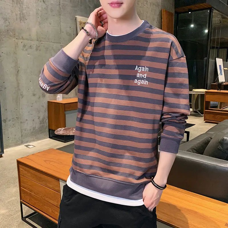 

High Quality round Neck Striped Sweater Men's Youth College Style Long-Sleeved T-shirt Spring Loose Trendy and Casual Coat