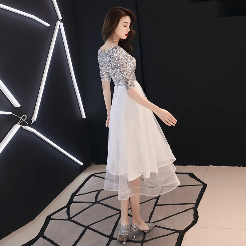 

Lady Elegant O-Neck Formal Party Dress Exquisite Sequins Trim Banquet Gown Short Front Long Back Sweet Mesh Pleated Dresses