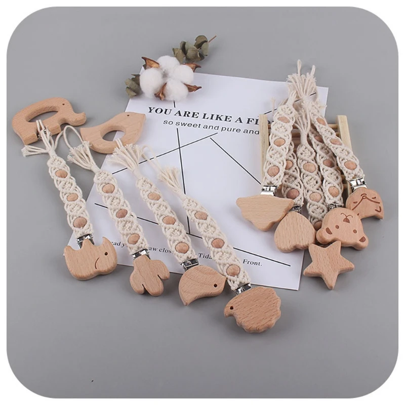 

Baby Teething Soother Beech Wood Clip Cotton Rope Crochet Pacifier Chain DIY Dummy Nipple Holder Leash Strap Shower Gifts
