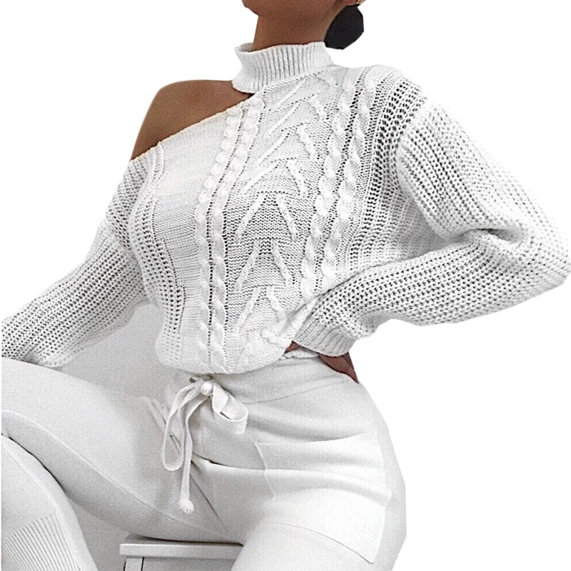 

Irregular Sexy Cutout Off One Shoulder Sweaters Women Ladies Long sleeves Turtleneck Pullover Top Solid Color Loose Jumper KLV