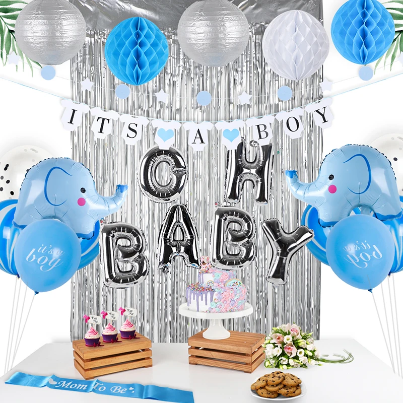 

Silvery OH BABY Baby Shower Decorations for Boy Party Kit It's A Boy Banner/Balloons Silvery Backdrop Blue Elephant Foil Balloon