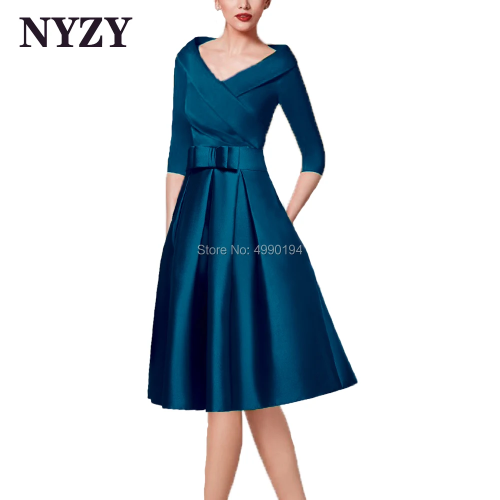 

Satin Vintage Short Mother of the Bride Groom Dresses with 3/4 Sleeves NYZY M256T Teal Wedding Party Dress robe de soiree