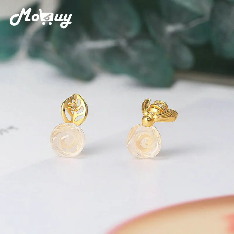 

MoBuy Rose & Bee Earrings 925 Silver Earring For Women Rose Quartz Gemstone Stud Earrings 14K Gold Plated Fine Jewelry MBEI120