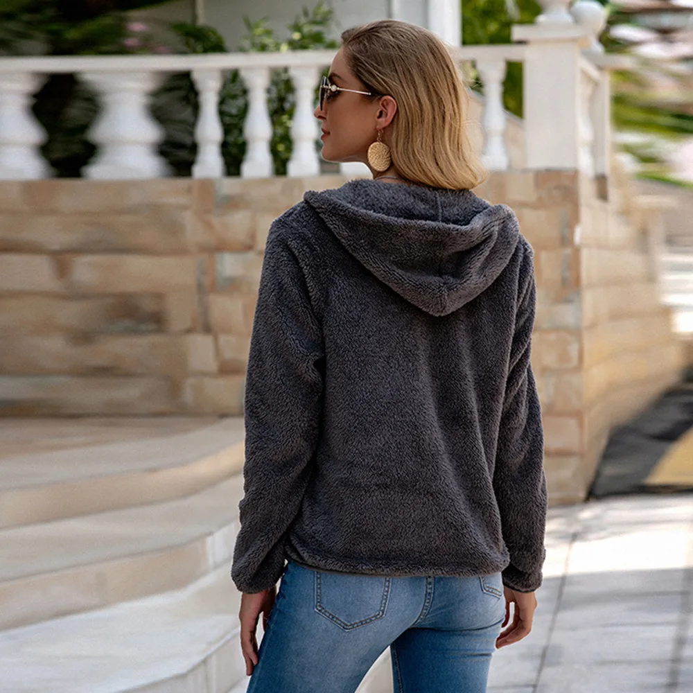 

Autumn and winter women's clothing casual slim zipper style hooded solid color plush female jacket