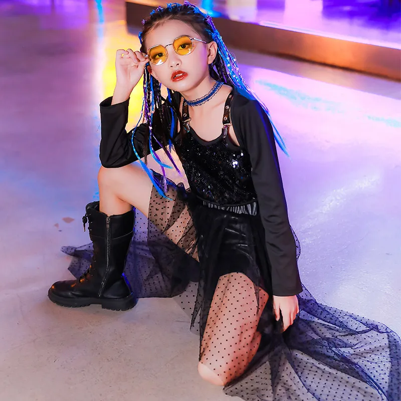 

New Kids Jazz Dance Clothing Black Sequin Tops Lace Short Girls Fashion Catwalk Show Outfits Hiphop Street Dance Clothes