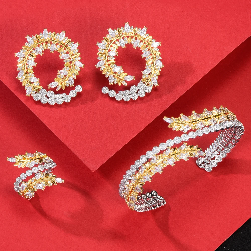 

New Design Luxury DUBAI Statement Bangle Ring Earrings Jewelry Sets for Noble Women Earrings Bridal Wedding Party Jewelry Set
