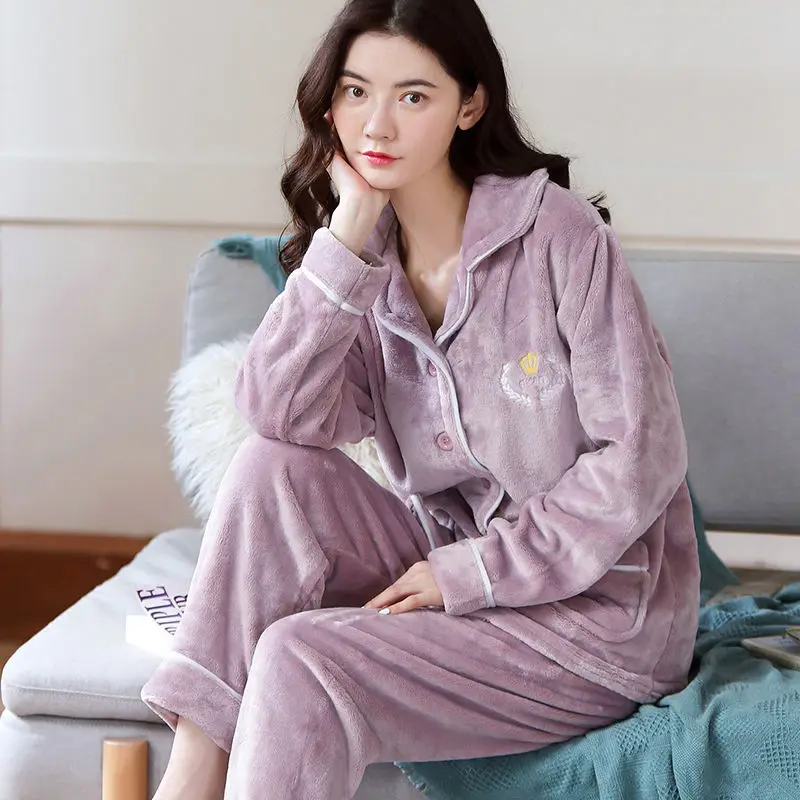 pijamas women sets Пижамы женские коралловые флисовые толстые фланелевые однотонные теплые пижамы женские толстые зимние домашние костюмы Пижамный костюм домашние пижамы XXL XXXL - Цвет: pijamas women sets