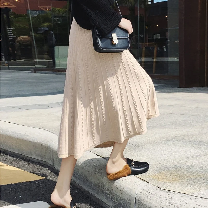 

Женская трикотажная плиссированная юбка средней длины, Бежевая длинная трапециевидная юбка-макси с высокой талией, модель DS407 на весну и ос...