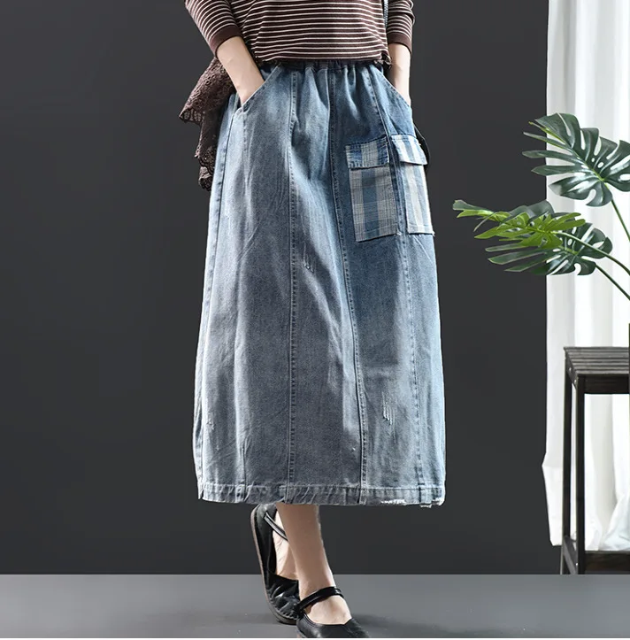 

Women's New Retro Ethnic Style Embroidery Patch Denim Female Skirt girl skirts