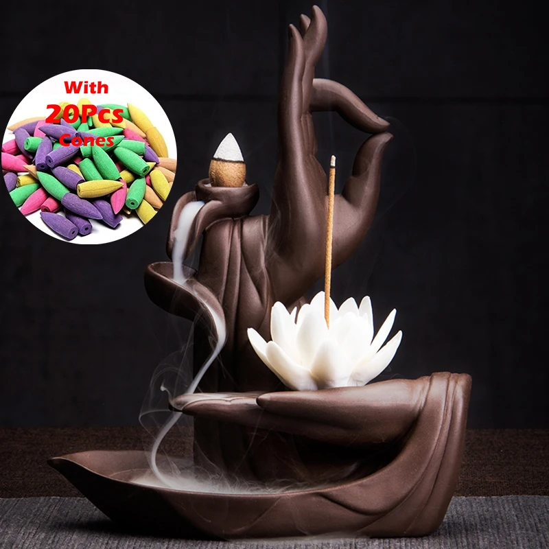

Handmade Creative Decor Incense Holder Buddha Hand Lotus Ceramic Waterfall Backflow Incense Burner Incenser Zen Desktop Censer