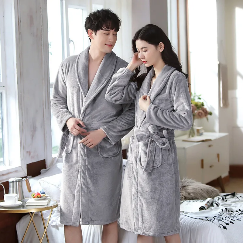 

New Women And Men Autumn Winter Flannel Robe Thick Warm Lovers Home Clothes Coral Velvet Sleepwear Loose Casual Couple Bathrobe