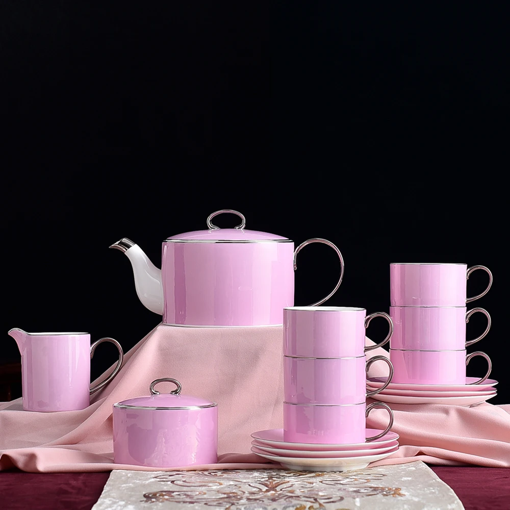 Juego de 15 unids/set de tazas de caf&eacute; de porcelana de hueso delicado, taza de t&eacute; Vintage rosa europea, tetera, platillo, novedad de 2021-0