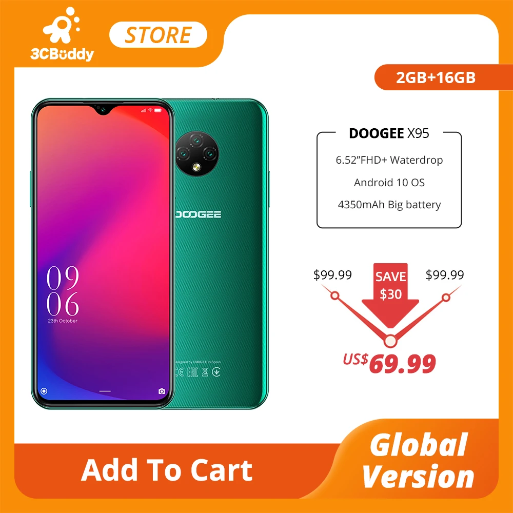 Перейти на Алиэкспресс и купить 2020 DOOGEE X95 Android 10 4G-LTE мобильных телефонов 6,52 дюймДисплей MTK6737 16 гб Встроенная память Dual SIM 13MP тройной Камера 4350 ма/ч, Батарея