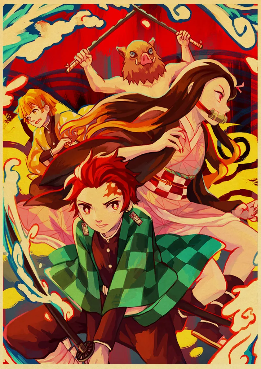 Винтажные постеры демон убийца Kimetsu no Yaiba аниме плакат настенный Арт Ретро плакат живопись украшение для гостиной домашний декор