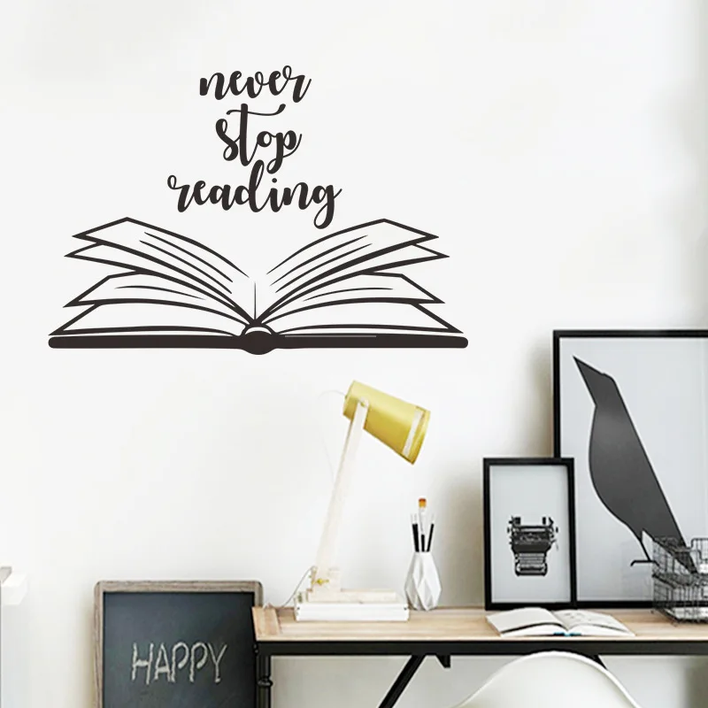 

English Book Wall Stickers Dormitory Bedroom Background Home Decor DIY Never Stop Reading Study Wall Decal Room Decoration