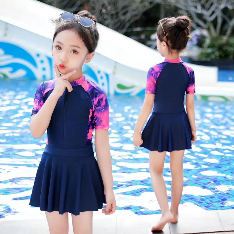 

Children's Swimsuits Girlsbig Children's Short-sleeved Swimsuits Cute Princess One-piece Dress-style Sunscreen Student Swimwear