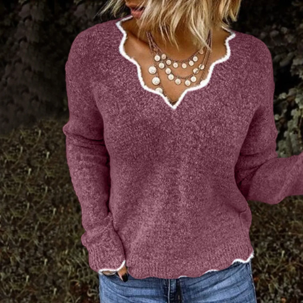 

FREE OSTRICH Fashion Top Women's Slim Fit V-Neck Sweater Casual Knitted Sweater Autumn Winter Warm Female Pullovers Solid Tops