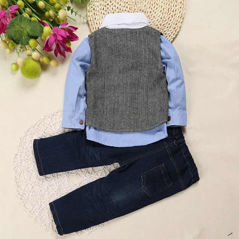 Boys cowboy long pants gentlemen formal clothing Baby boys suit Long sleeve shirt + stripe vest jeans 3pcs Party clothes set | Детская