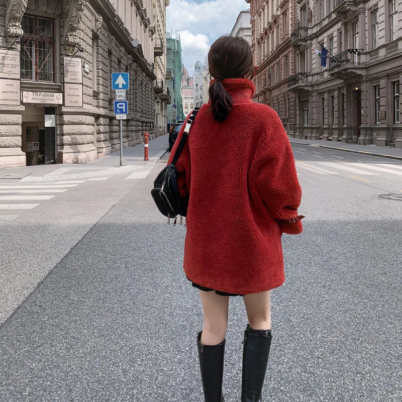 

ZCSMLL Red Lamb Fur Coat Female Korean Version Loose 2021 Winter New Loose Thick Lamb Velvet Jacket