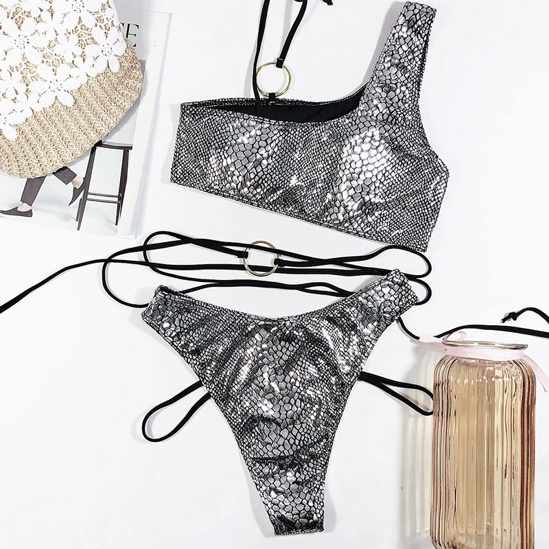 

Sexy Golden Bikinis Mujer Shiny Swimsuit 2020 Female Snake Bikini Set Irregular Swimwear Women Ring Bathing Beach Suit Swimming