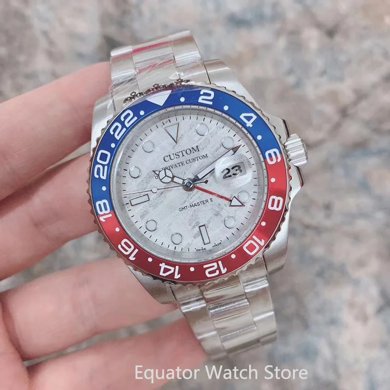 

Men's GMT Watches 40mm Blue&Red Ceramic Bezel Meteorite Design Dial Stainless Steel Men Automatic Mechanical Wristwatches clock