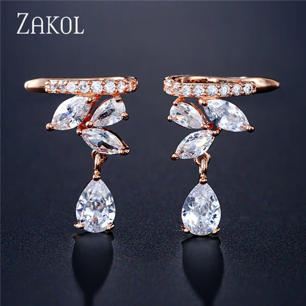 Rose Gold Color Красивые серьги-Клипсы из кубического циркония AAA ZAKOL, хрящи, модные серьги-манжеты в виде листьев, Женские Ювелирные аксессуары FSSP3017 - Окраска металла: Rose Gold Color
