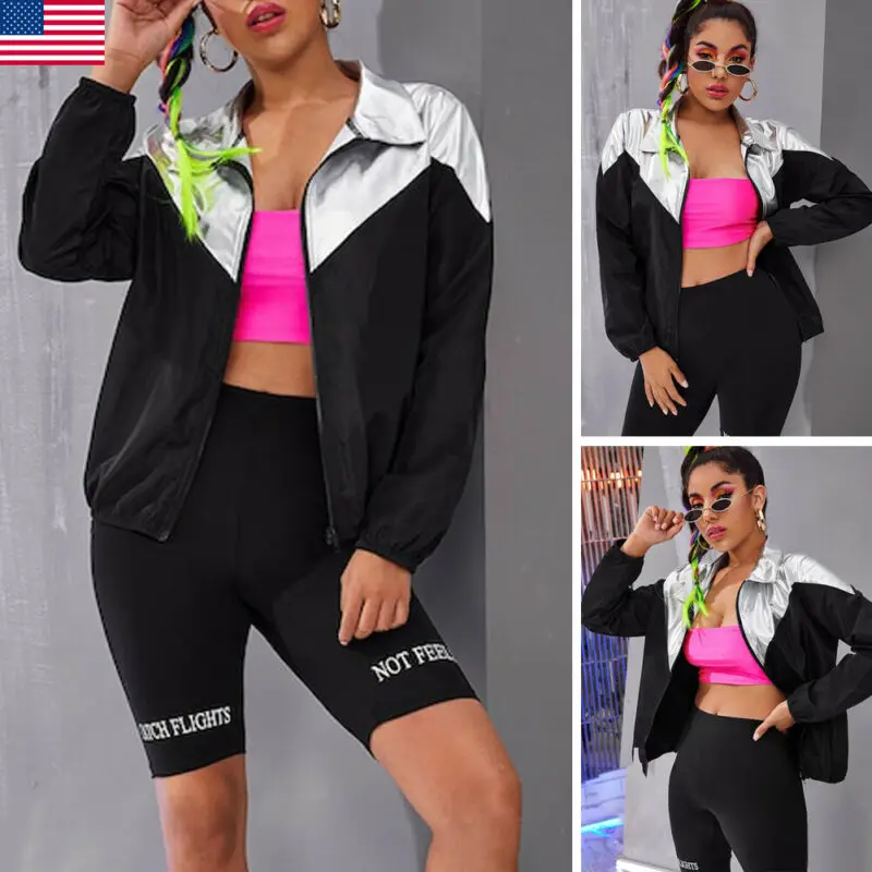 Женская Осенняя спортивная куртка черного и серебристого цвета с строчкой