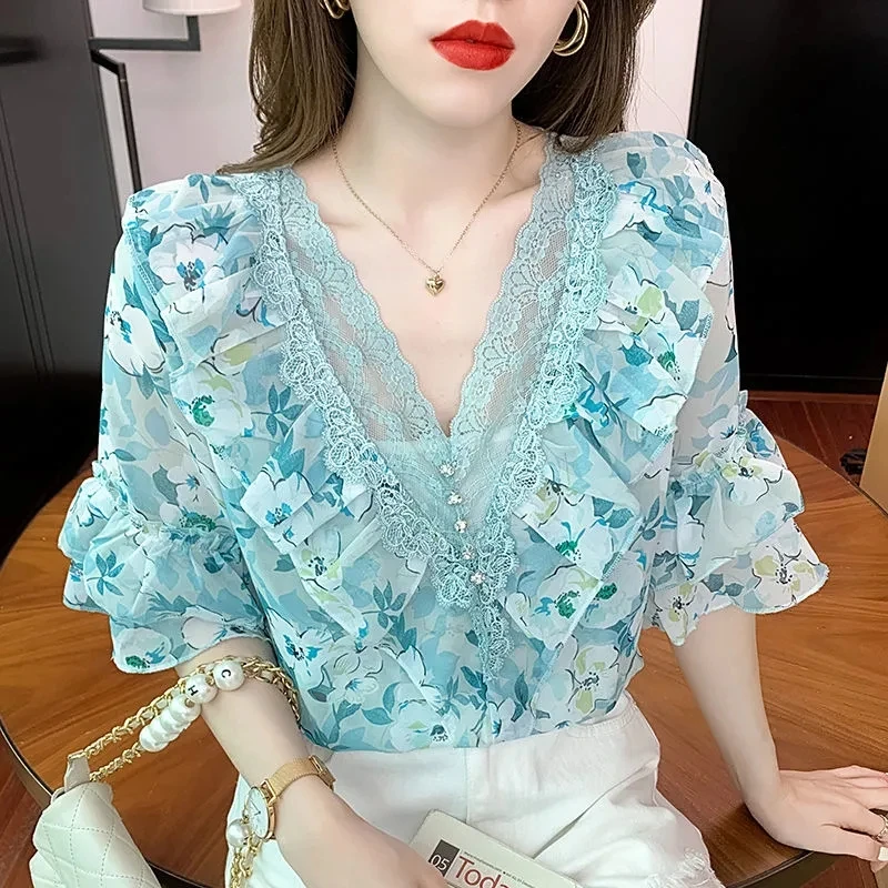 

2021 Summer Shirts Blouses New Fashion Women's Clothing Lace V-neck Hollow Button Decoration Floral Trumpet Sleeve Chiffon Shirt