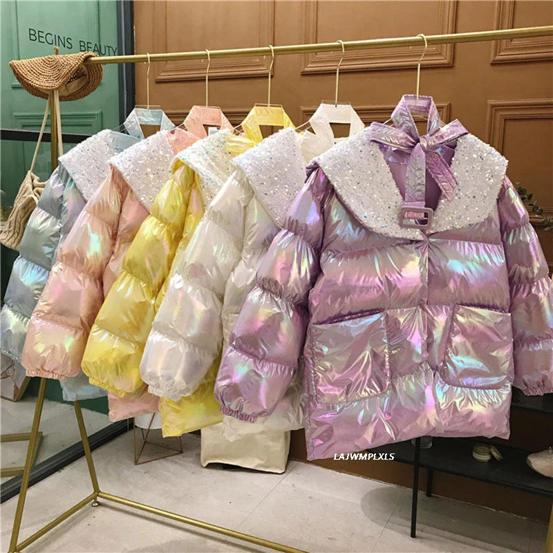 

2021 Winter New Ladys Colorful Glossy Cotton Coat Female Loose Mid-Long Jacket Big Collar Warm Down Cotton Jacket Women MY522