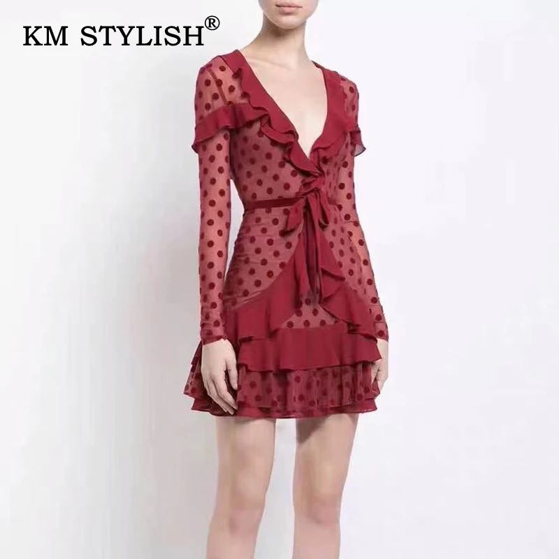 Женское облегающее платье в горошек с V-образным вырезом и оборками Новое