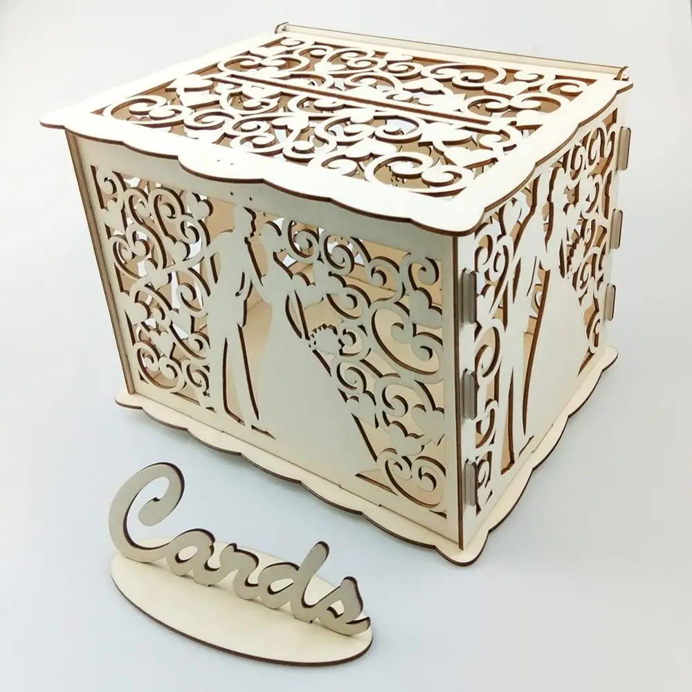 DIY Wedding Card Box Wooden Couple Money Boxes with Lock Hollow Floral Pattern Decor Gift Envelope Birthday Supplies | Дом и сад