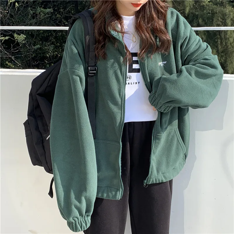 

Women Velvet Fleece Jackets Winter Autumn Warm Solid Zip-up Stand Collar Coat Ladies Casual Loose Oversized Sweatshirts Jacket