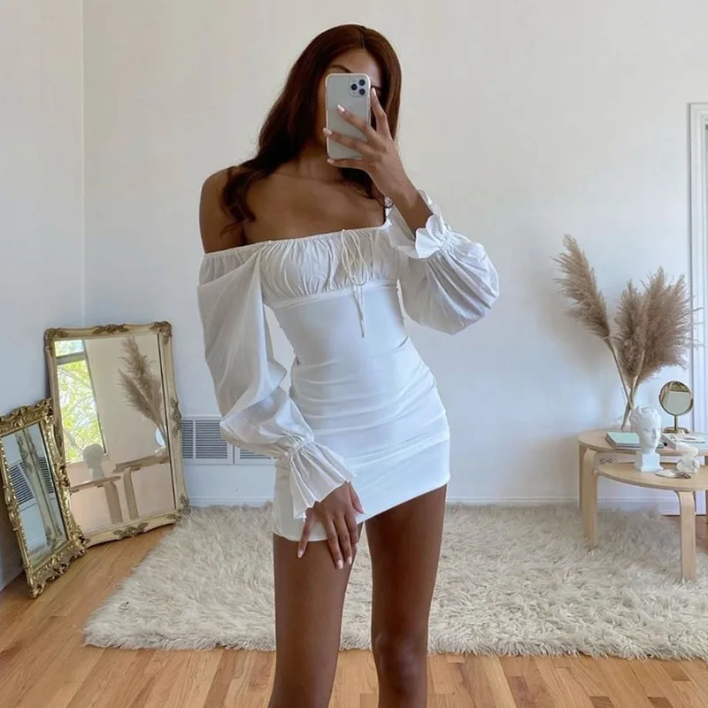 

Women’s Summer Long-sleeved Dress Fashion Solid Color Pleated Lace up Square Collar Skinny Short Dress