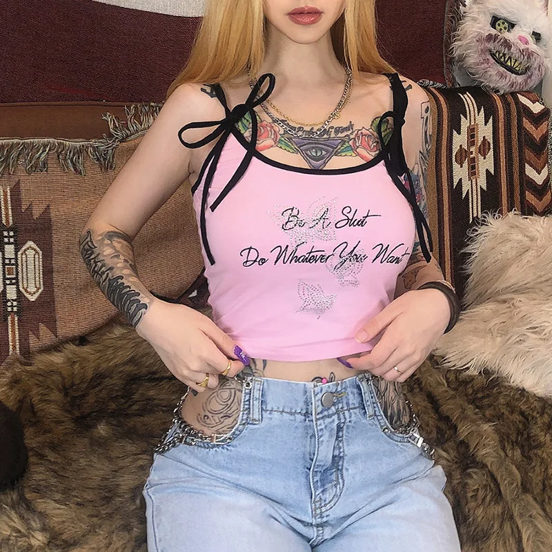 Женский милый жилет GOTH GIRL облегающий на шнуровке с вышитыми буквами и бабочками
