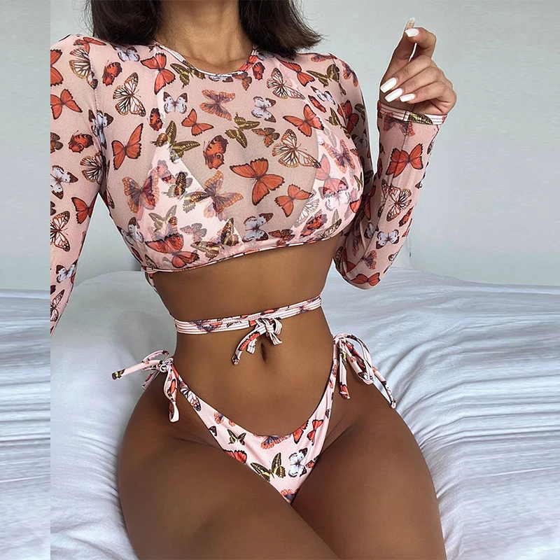 

2021 New Butterfly Print Three Piece Suit Swimsuit Women Sexy O-Neck Long Sleeve Top + Spaghetti Strap Bra Swimming Pants Set