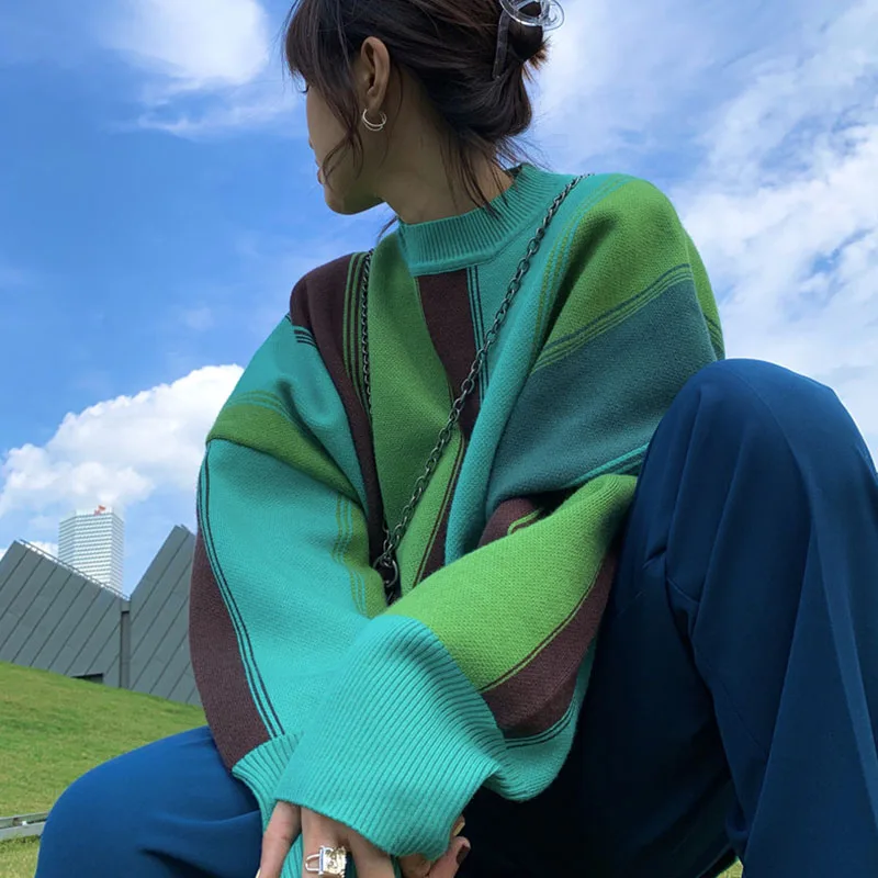 

Vintage Sweater High Street Strip Contrast Color Knitted Sweaters Y2k Women Pullover Tops 2021 Winter Long Sleeve Sweater Jumper