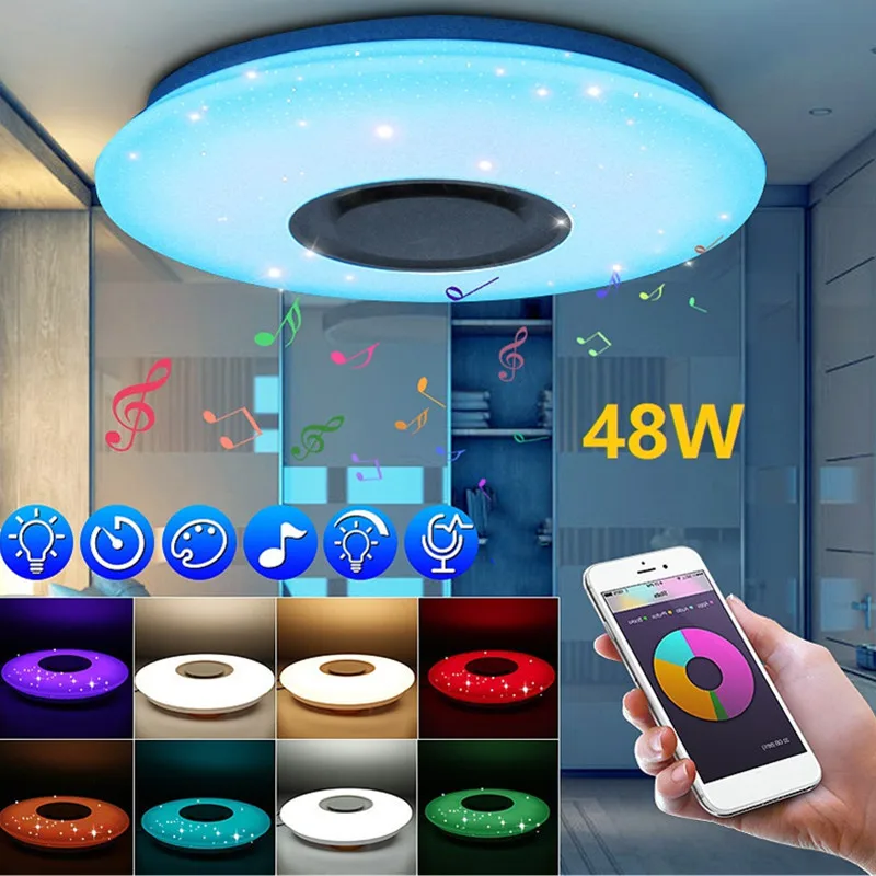 

RGB современные светодиодные потолочные лампы для гостиной, музыкальный потолочный светильник с дистанционным управлением и приложением 24/48/60 Вт, Bluetooth освещение динамиков, крепление