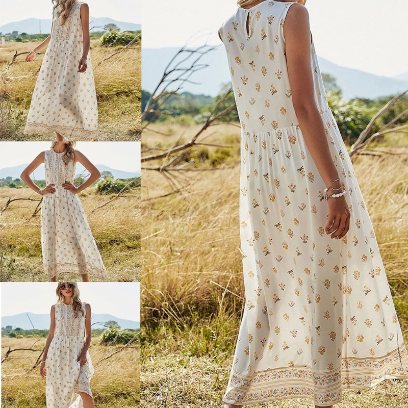 

LXAE Women Sleeveless Printing Long Dress Casual O Neck High Waist Summer Sundress
