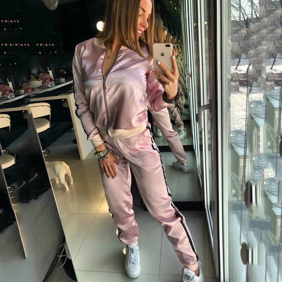 Модный женский спортивный костюм из 2 предметов шелковая куртка и длинные штаны