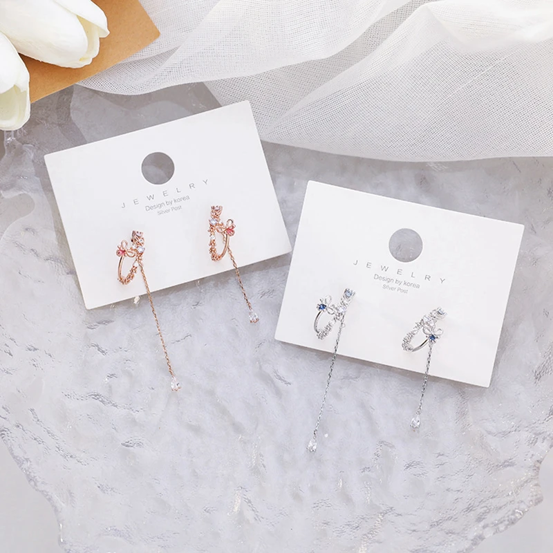 

Korean Micro-inlaid Zircon Butterfly Flower Long Drop Earrings For Women Girls Asymmetric Tassel Pendientes Jewelry Gifts 2020
