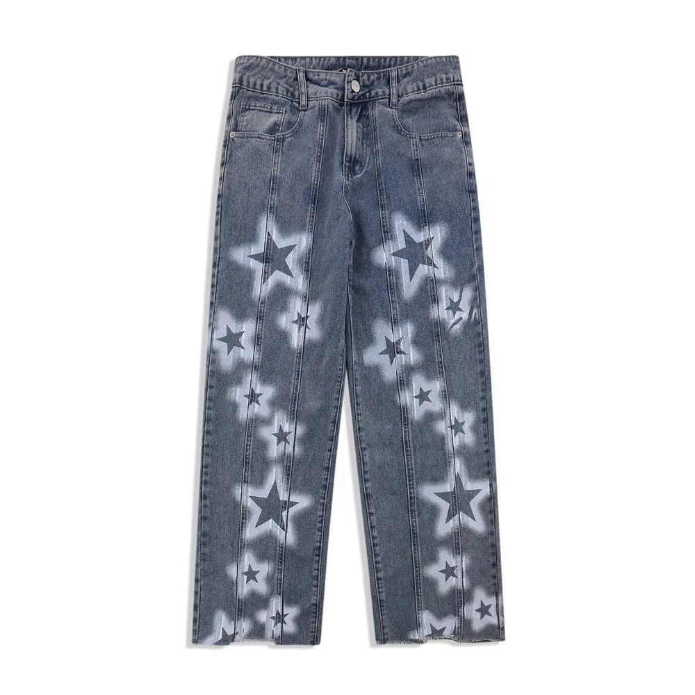 

Star Graffiti Printed Washed Jeans Men Hip Hop Streetwear Loose Pockets Straight Long Pants Spring Autumn Trendy Casual Trousers