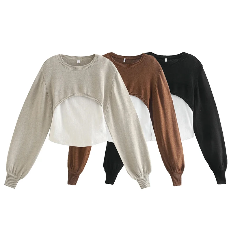 

MosiMolly Trendy Sweater pullovers Knits Women Round Neck Fake Two pieces Sets Women Knitted Tops