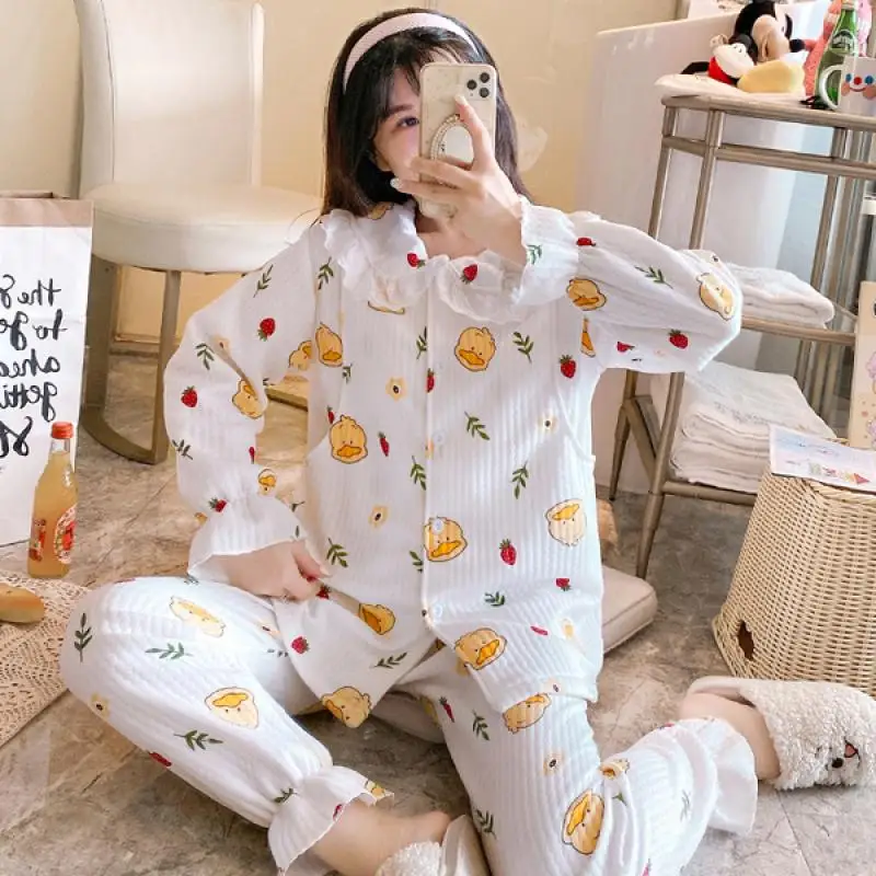 

Fashion Women's Thick Plus Size Sandwiches Maternity Dress Confinement Dress Printing Round Neck Long Sleeve Button Pajamas Set