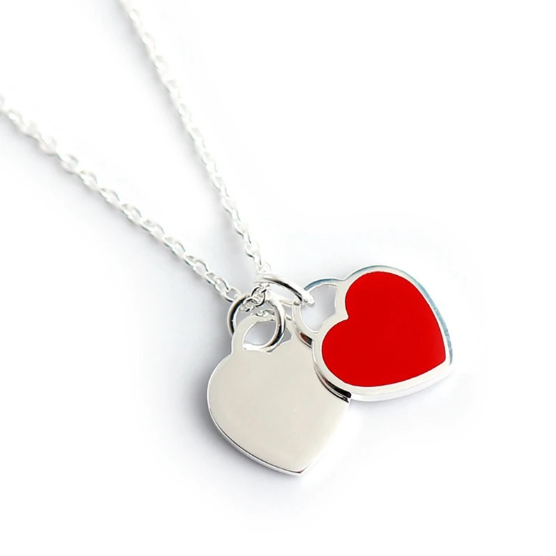 red double hearts DOYUBO бренд, чистое серебро, Красная эмаль, талисман Двойное сердце, ожерелье для женщин, свадебные 925 пробы, серебряные цепочки с сердечком, ювелирные изделия VA174 - Окраска металла: red double hearts