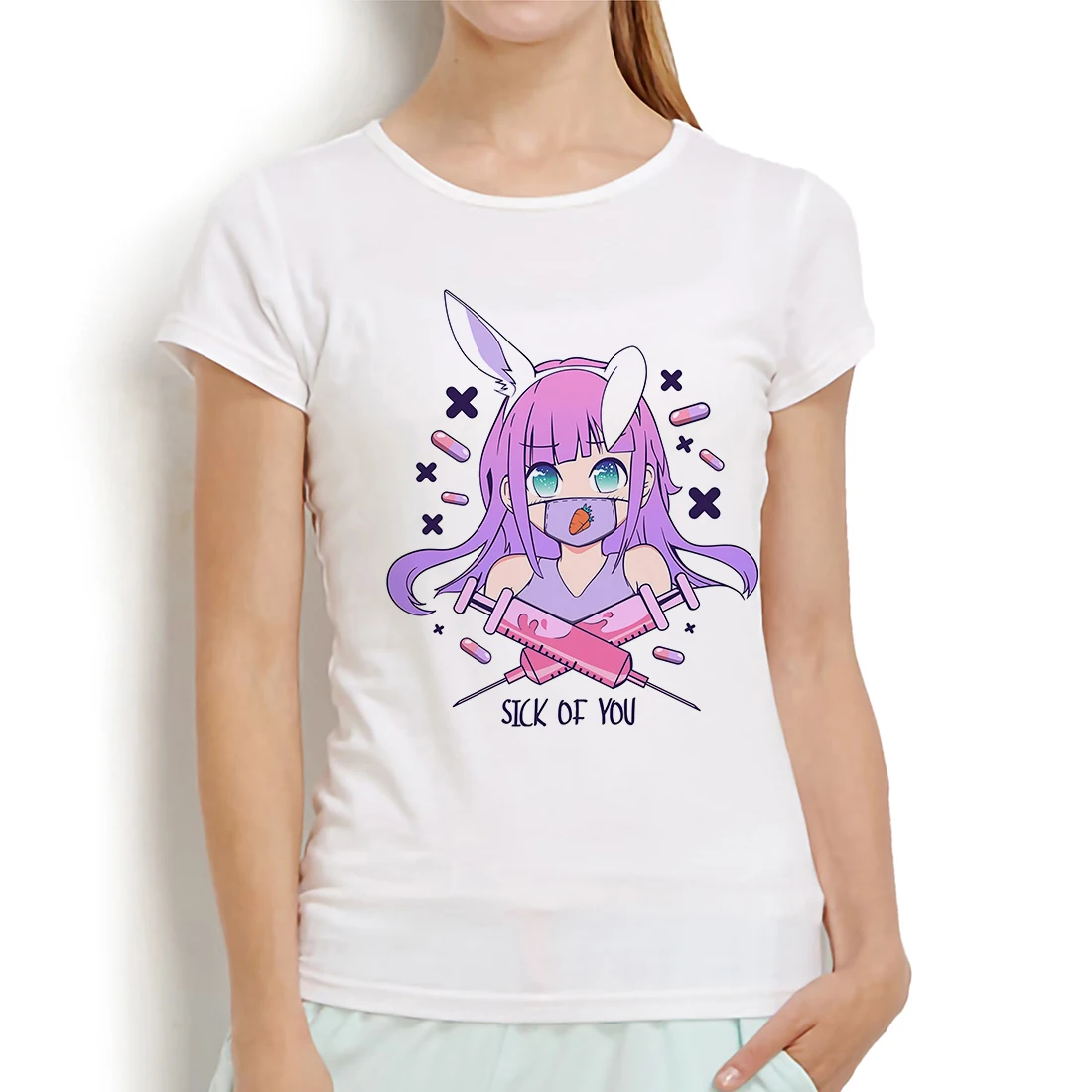 

Kawaii Bunny Girl Аниме смешная футболка женская летняя белая Повседневная футболка с коротким рукавом женская кавайная уличная одежда футболка