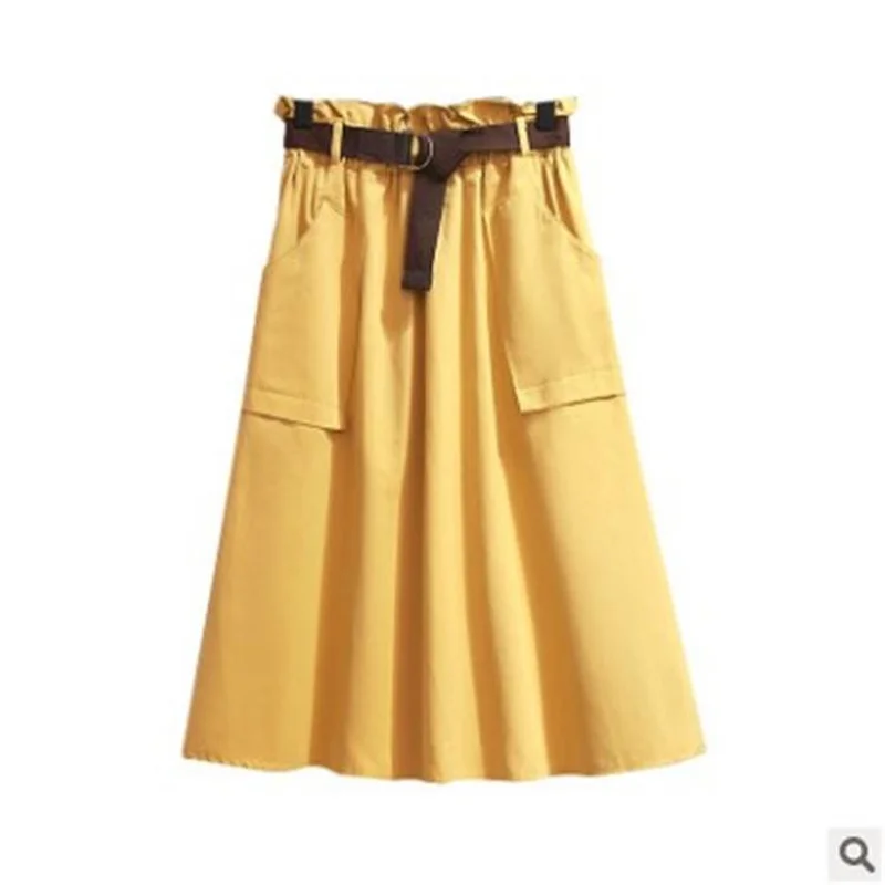 

Retro Spring Autumn Skirts Office Lady A Line Slim Mid-Long High Waist Skirt Women Bodycon Skirt Belt Skirt Cotton Pocket Faldas