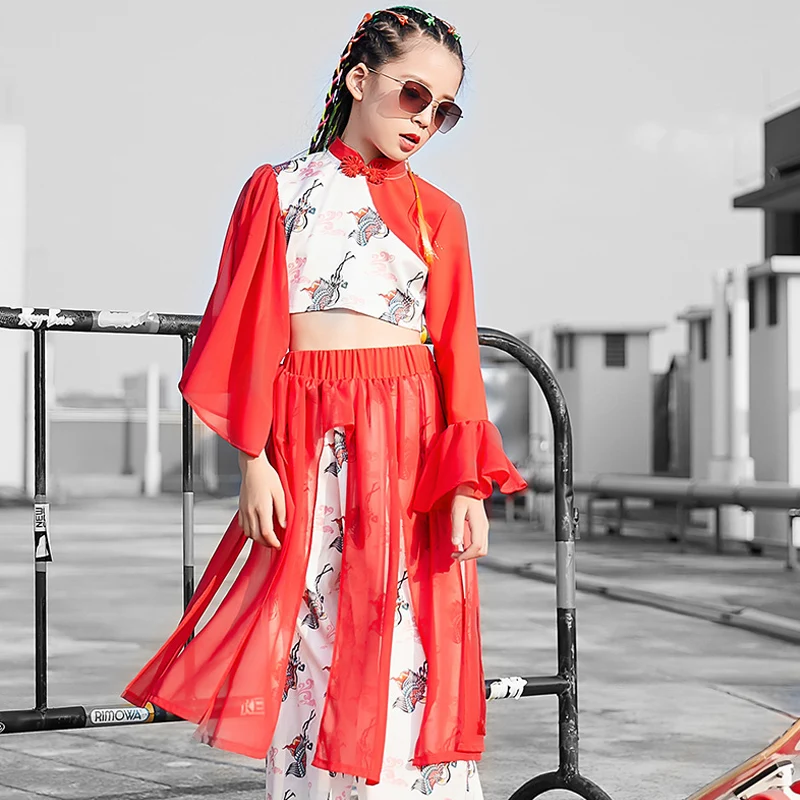 Танцевальные костюмы для девочек в китайском стиле джаз красные платья детский