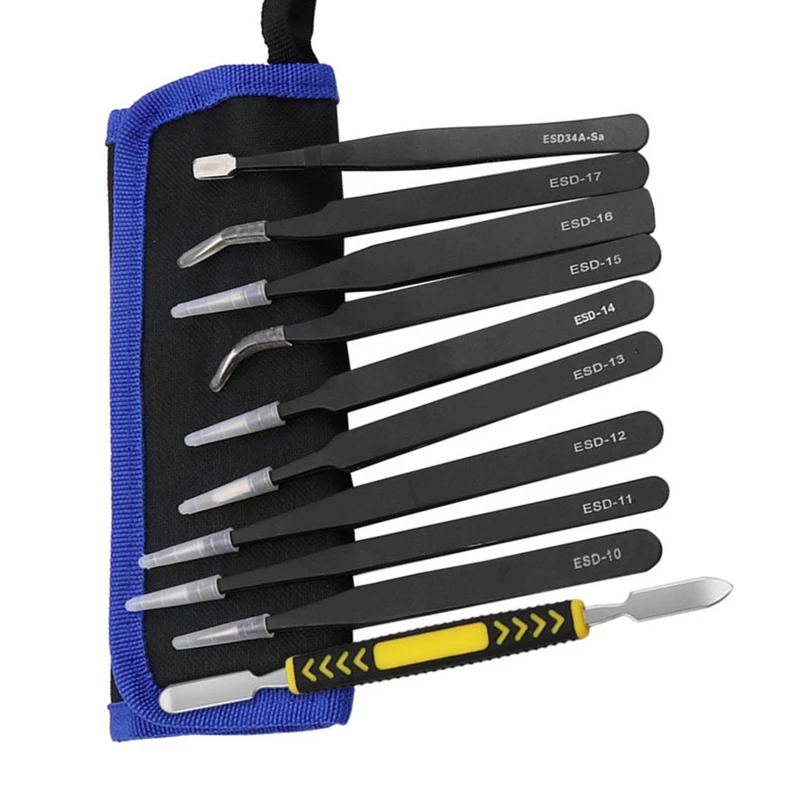 

10 Pcs Precision Tweezers Set w/ Pouch Upgraded Anti-Static Stainless Steel Curved Tweezers Used for Electronics Eyebrow